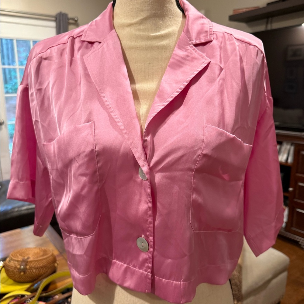Zara Pink Boxy Crop Button Down Shirt